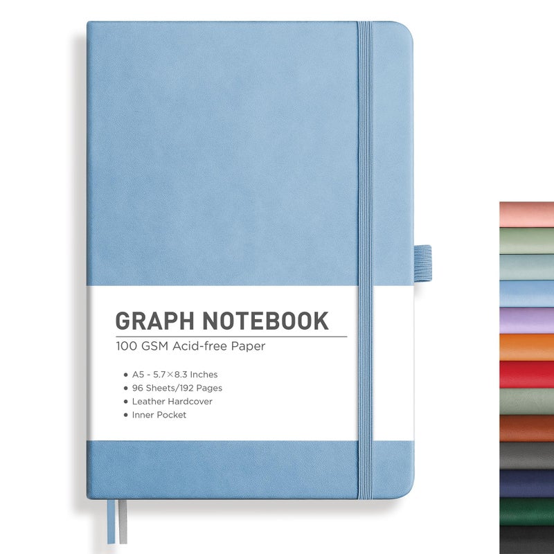 Rettacy Graph Grid Paper Notebook  192 Pages  A5 Medium Size (5.7'' X 8.3'')  5 Squares Per Inch  Leather Hardcover  100 Gsm Thick Paper  For School  Students  Math  Engineering (Light Blue) - Image 1