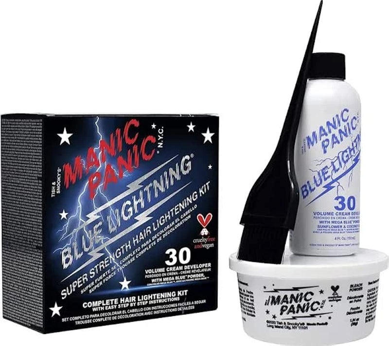 MANIC PANIC Blue Lightning Hair Bleach Kit - 30 Volume Developer + Bleach Powder Hair Lightener Lifts up to Five Levels And Eliminates Orange Tones - Vegan And Cruelty Free - Image 1