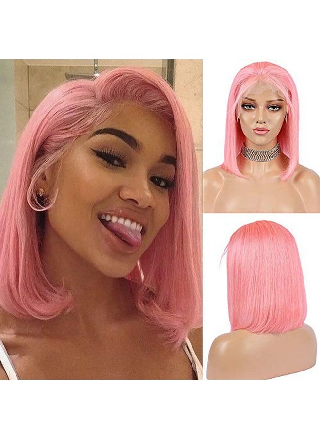 Guanyuwigs Guanyuhair Preplucked Short Bob Human Hair Lace Front Wigs Glueless Silky Straight 150% Full Density Pink Free Part Bob Wigs For Black Women 14Inch  - Image 1
