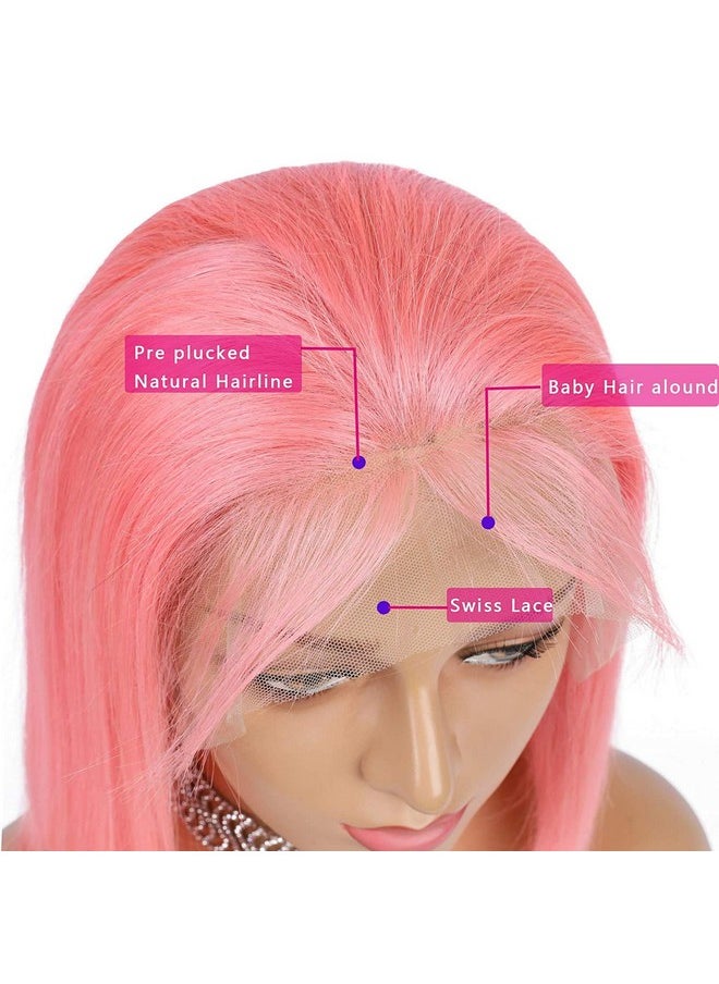 Guanyuwigs Guanyuhair Preplucked Short Bob Human Hair Lace Front Wigs Glueless Silky Straight 150% Full Density Pink Free Part Bob Wigs For Black Women 14Inch  - Image 4