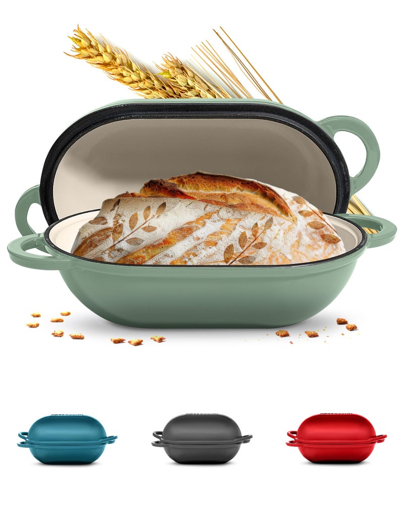 ROSSALLINI Signature Enameled Cast Iron Sourdough Bread Oven | Non-Stick with Tight Fitting Lid for Perfect Baking and Bread Making | 2QT Oval Oven With Lid [Sage Green] - Image 1