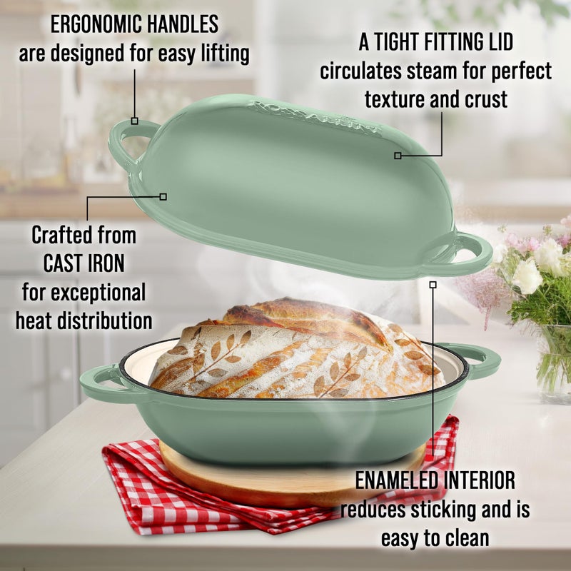 ROSSALLINI Signature Enameled Cast Iron Sourdough Bread Oven | Non-Stick with Tight Fitting Lid for Perfect Baking and Bread Making | 2QT Oval Oven With Lid [Sage Green] - Image 4