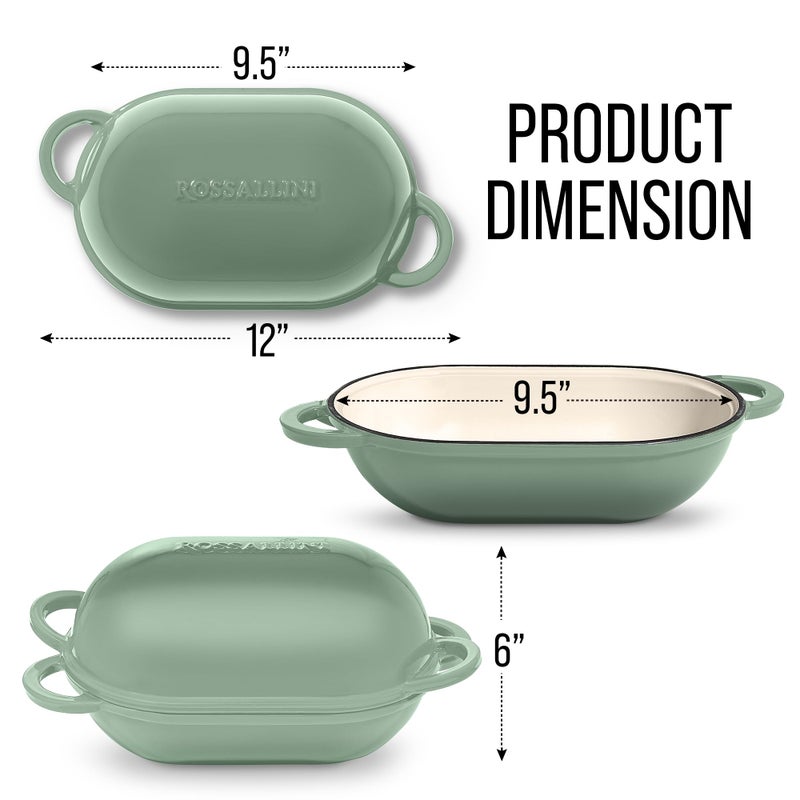ROSSALLINI Signature Enameled Cast Iron Sourdough Bread Oven | Non-Stick with Tight Fitting Lid for Perfect Baking and Bread Making | 2QT Oval Oven With Lid [Sage Green] - Image 5