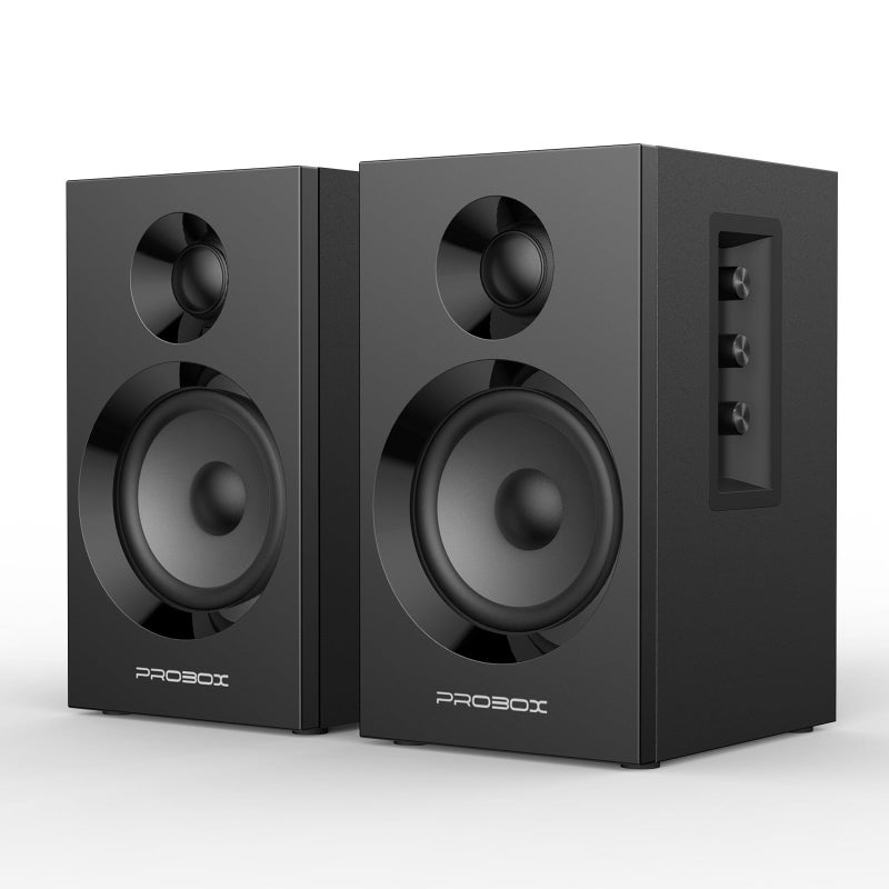 Probox مكبرات صوت رف الكتب بروبوكس مع طاقة عالية لمراقبة الألعاب الكمبيوترية مع بلوتوث 5.3 و 24-بت USB DAC مكبر صوت ستيريو مكبرات صوت الكمبيوتر 3.5" ووفر، 1" تويتر قبة حريرية، قاعدة/تريبل قابلة للتعديل BT16-أسود - Image 1