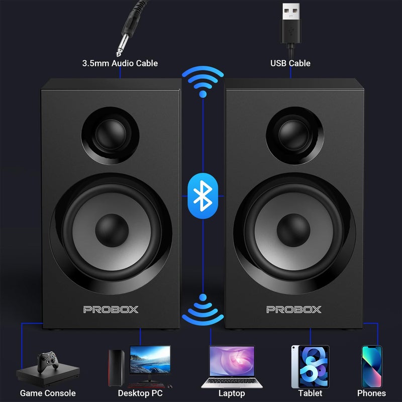 Probox مكبرات صوت رف الكتب بروبوكس مع طاقة عالية لمراقبة الألعاب الكمبيوترية مع بلوتوث 5.3 و 24-بت USB DAC مكبر صوت ستيريو مكبرات صوت الكمبيوتر 3.5" ووفر، 1" تويتر قبة حريرية، قاعدة/تريبل قابلة للتعديل BT16-أسود - Image 3