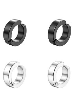 Oasisgalore 2 Pairs Black Silver Cuff Earrings for Men's Women Punk Rock Stainless Steel Circle Round Shape Design Hoop Earrings  - Image 1