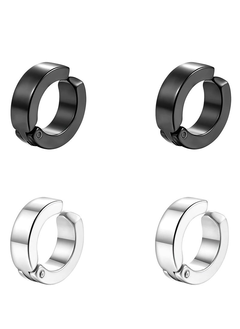 Oasisgalore 2 Pairs Black Silver Cuff Earrings for Men's Women Punk Rock Stainless Steel Circle Round Shape Design Hoop Earrings  - Image 1