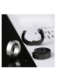 Oasisgalore 2 Pairs Black Silver Cuff Earrings for Men's Women Punk Rock Stainless Steel Circle Round Shape Design Hoop Earrings  - Image 3