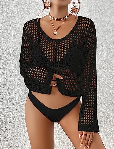 Bsubseach Womens Crochet Crop Top Beach Swimsuit Cover Up Long Sleeve Hollow Out Bathing Suit Cover Ups Black - Image 2