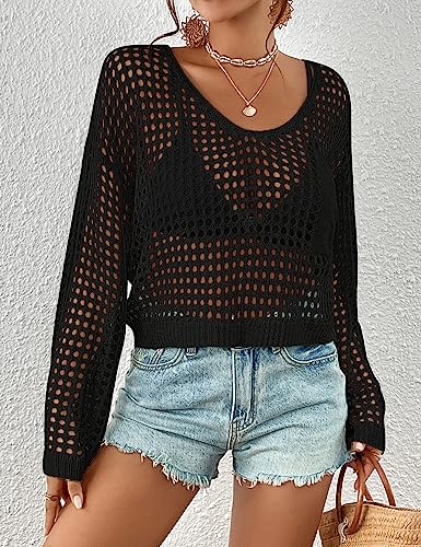 Bsubseach Womens Crochet Crop Top Beach Swimsuit Cover Up Long Sleeve Hollow Out Bathing Suit Cover Ups Black - Image 4