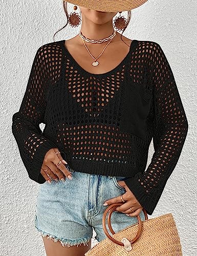 Bsubseach Womens Crochet Crop Top Beach Swimsuit Cover Up Long Sleeve Hollow Out Bathing Suit Cover Ups Black - Image 3