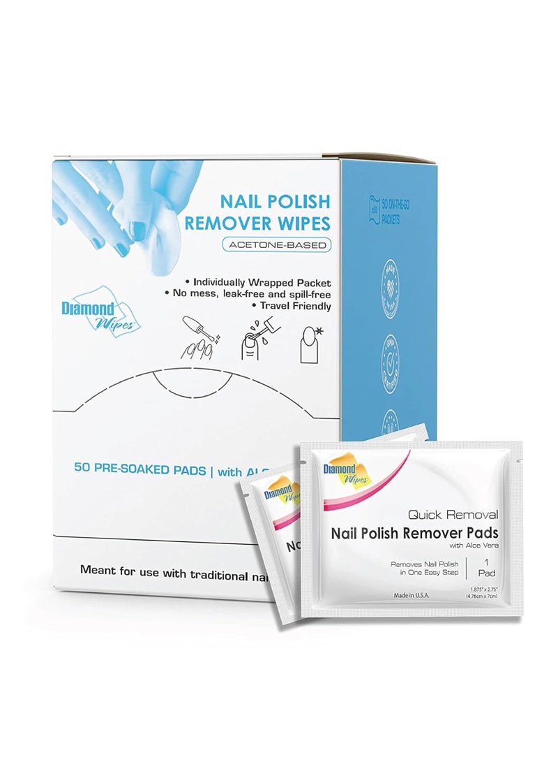 Diamond Wipes Diamond Wipes Nail Polish Remover Wipes with Aloe Vera, Acetone Nail Polish Remover Pads, 50 Individually Wrapped Nail Polish Wipes - Image 1