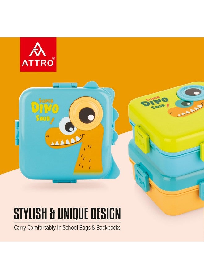 ATTRO Festive Super Dino Lunch Box 2 Layer Plastic Lunch Box Comes with 1 Detachable Tray, 1 Small Container & 1 Spoon Ideal for Kids BPA Free 1590ml+70ml- Orange Blue - Image 3