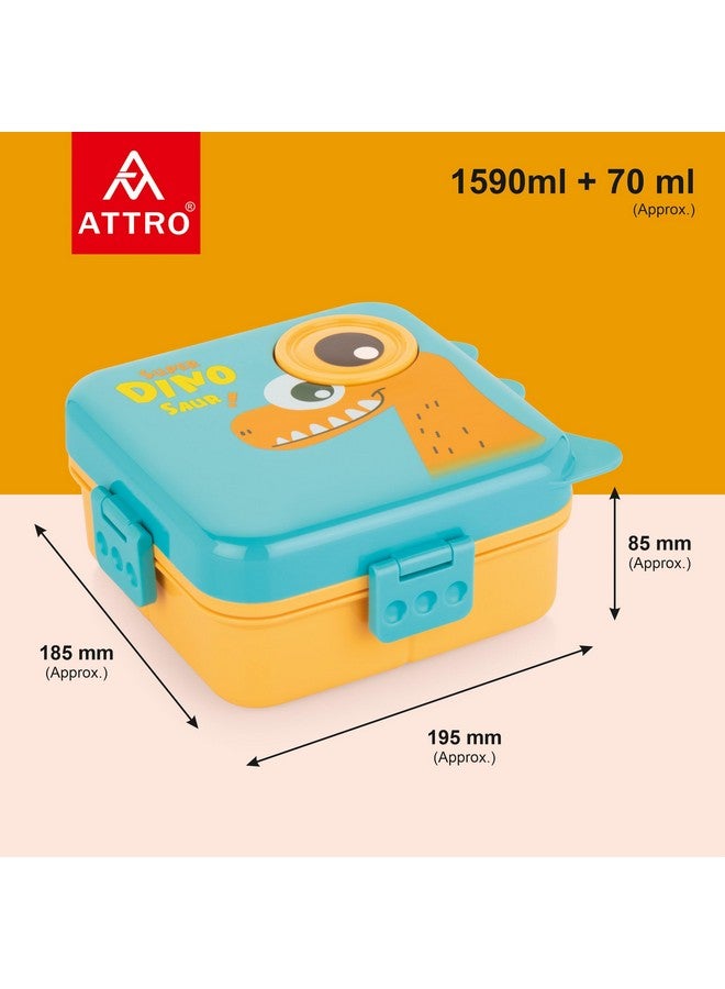 ATTRO Festive Super Dino Lunch Box 2 Layer Plastic Lunch Box Comes with 1 Detachable Tray, 1 Small Container & 1 Spoon Ideal for Kids BPA Free 1590ml+70ml- Orange Blue - Image 2