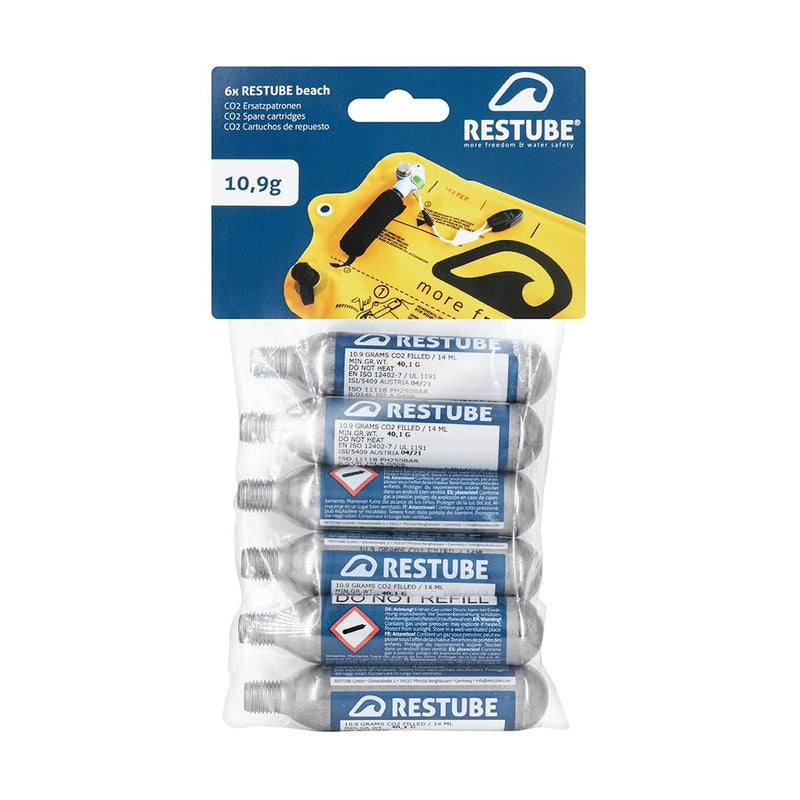Restube Beach CO2 Replacement Cartridges for One-Pull Inflatable Swim Buoy (Set of 6) â€“ 10.9g Waterproof Marine CO2 Inflators for Swimming Float Buoyancy Aid - Image 1