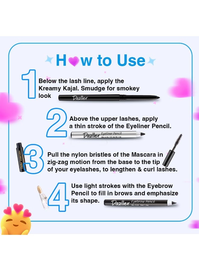 دازلير مجموعة مكياج دازلر كوليدج الأساسية 4 - عيون جذابة | كحل 0.35 غ | ماسكارا 4.1 غ | آيلاينر 1.5 غ | قلم تحديد الحواجب 1.5 غ | مقاوم للماء | مقاوم للتلطخ | مجموعة مكياج أساسية للنساء - Image 4