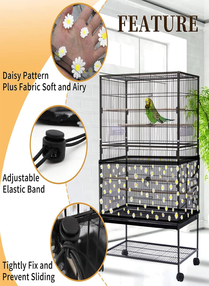 GGOOT Adjustable Bird Cage Cover,  Bird Cage Seed Catcher, Large Soft Nylon Mesh Net with Daisy Pattern, Birdcage Cover Skirt Seed Guard for Parrot Parakeet Macaw Round Square Cages (Black) - Image 4