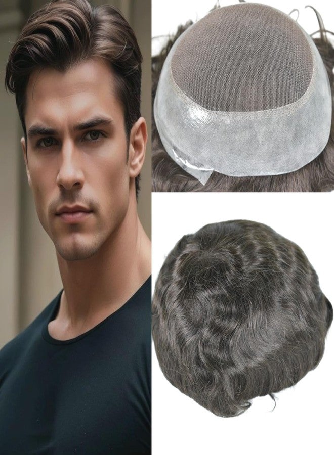 Voloria Mens Toupee European Human Hair Replacement System French Lace Center with PU Perimeter Natural Hairline Medium Density 6Inch Straight Hairpiece for Men 10x8INCH 2# Dark Brown Color - Image 1