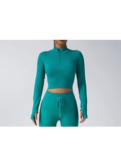 Seamless Yoga Set Zip Jacket Drawstring Pants green top