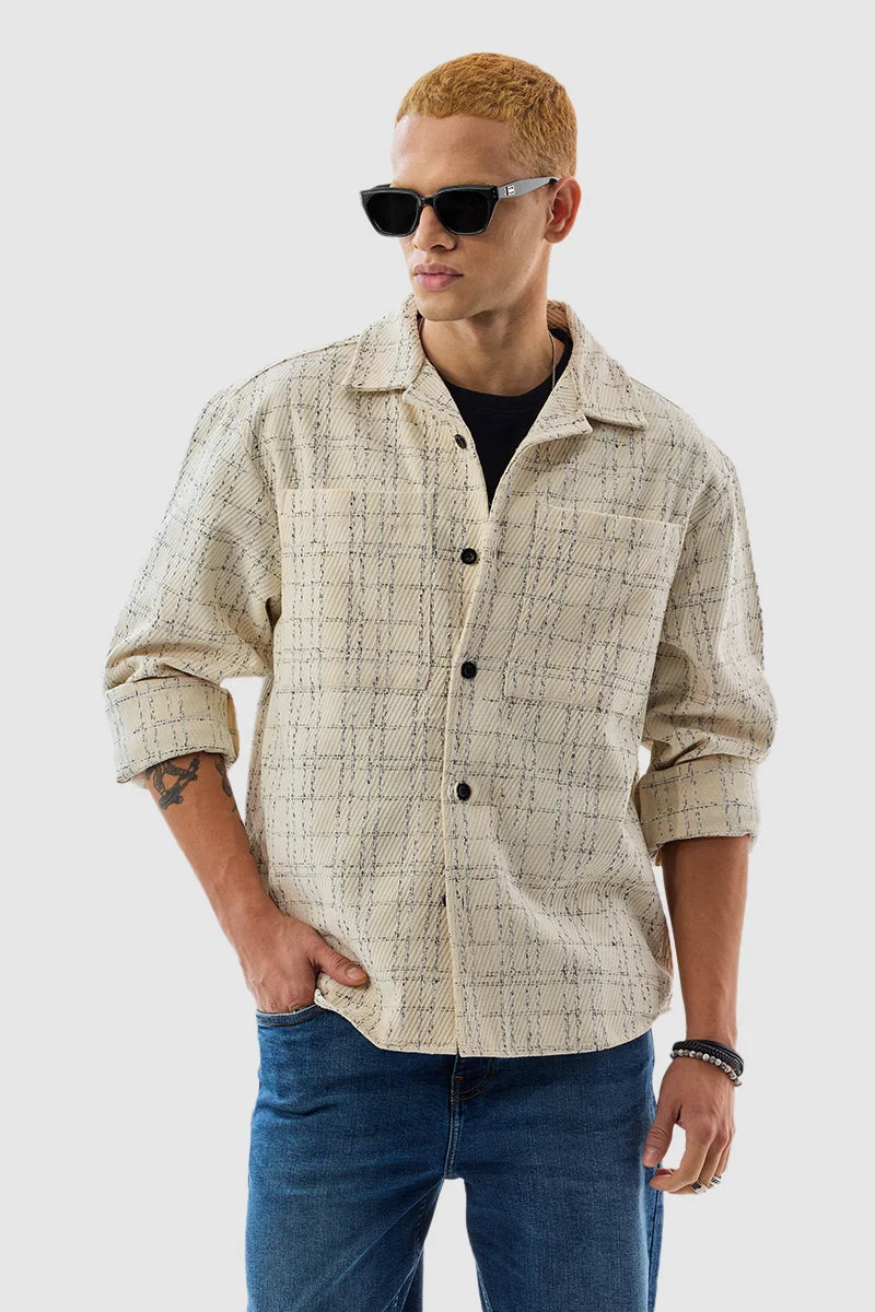 Cream Checkered Long Sleeve Relaxed Streetwear Overshirt