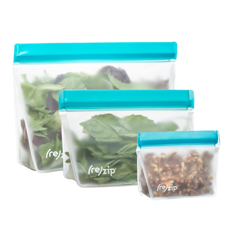 rezip 3-Piece Stand-Up Reusable Bag Bundle | BPA-Free  Food Grade  Leakproof  Freezer and Dishwasher Safe | Quart (1)  2-Cup (1)  Snack (1) | Aqua - Image 1