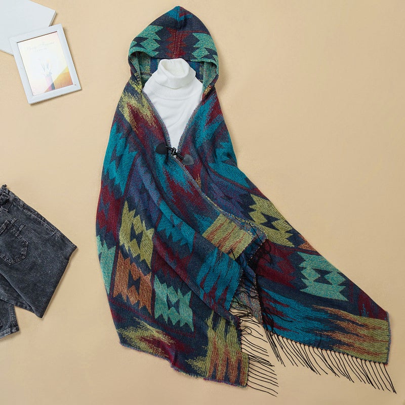 Vintage Women Autumn Hooded Cloak Geometric Buckle Tassel Warm Bohemian Casual Poncho - Image 3