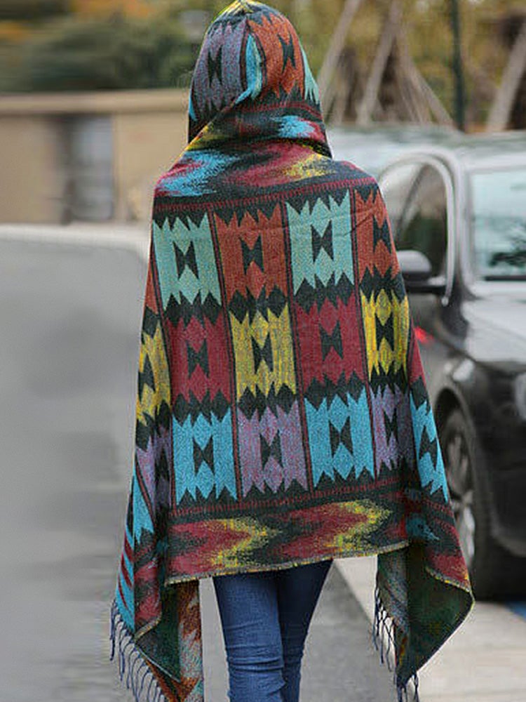 Vintage Women Autumn Hooded Cloak Geometric Buckle Tassel Warm Bohemian Casual Poncho - Image 5