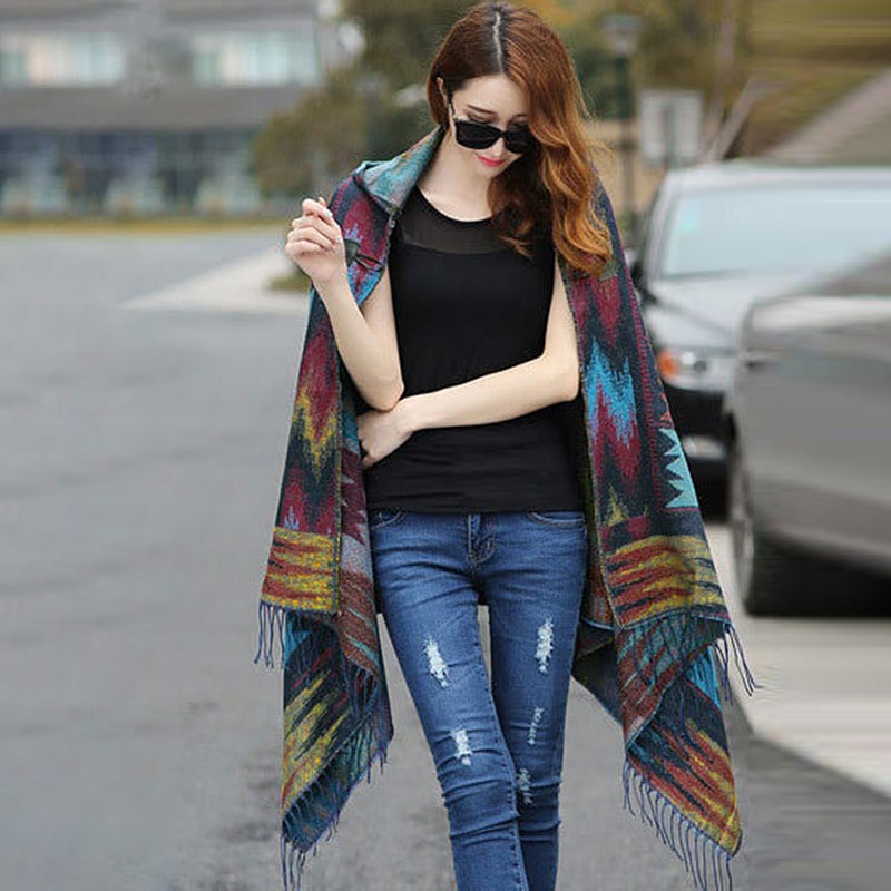 Vintage Women Autumn Hooded Cloak Geometric Buckle Tassel Warm Bohemian Casual Poncho - Image 1