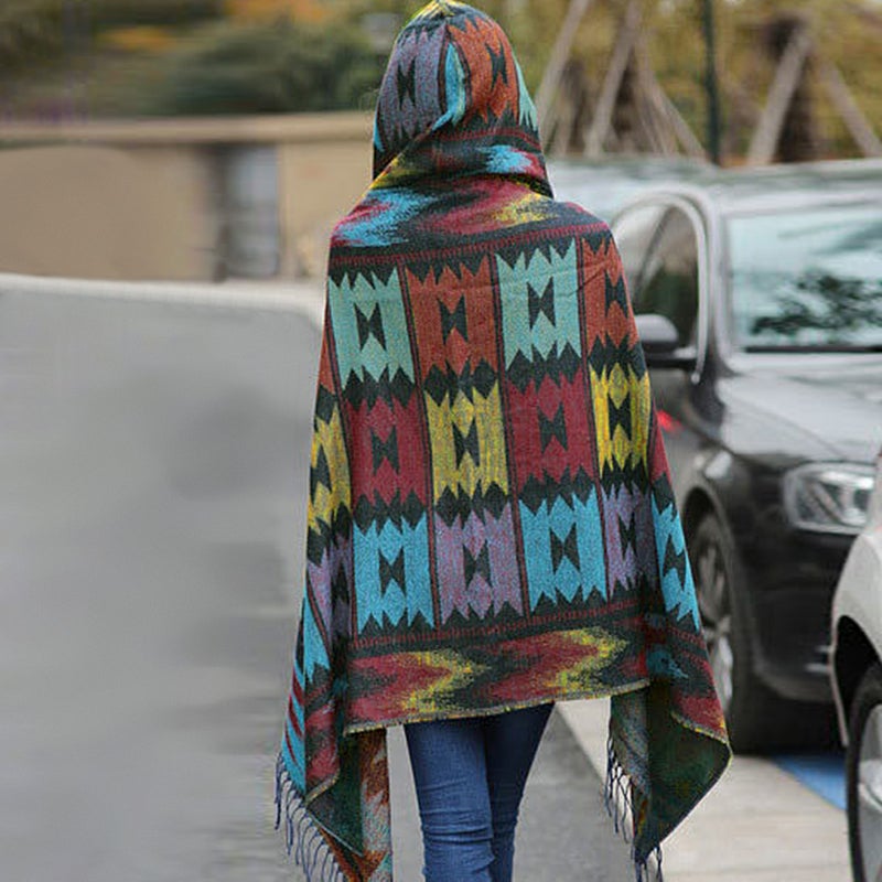 Vintage Women Autumn Hooded Cloak Geometric Buckle Tassel Warm Bohemian Casual Poncho - Image 4