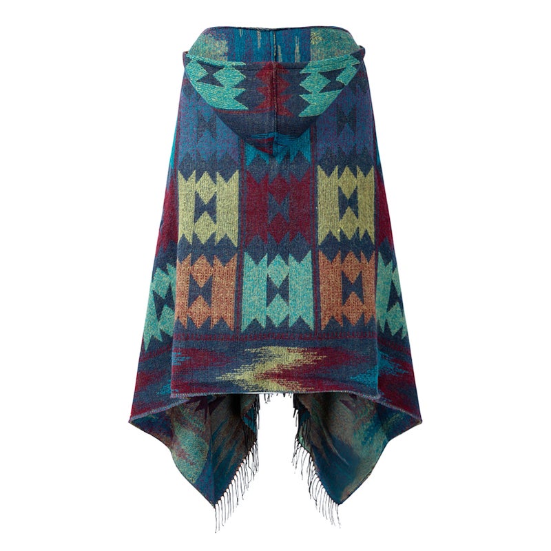 Vintage Women Autumn Hooded Cloak Geometric Buckle Tassel Warm Bohemian Casual Poncho - Image 2