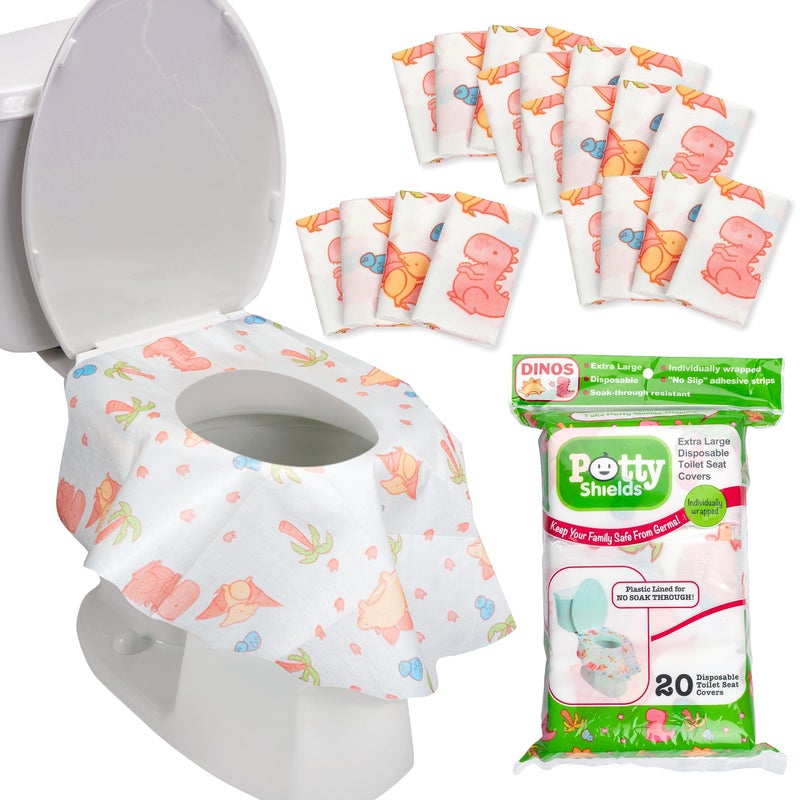Potty Shields Toilet Seat Covers Disposable (20 Pack) - XL Waterproof Toilet Cover for Toddlers, Kids & Adults - Portable & Individually Wrapped for Travel, Potty Training, Vacations, Public Restrooms - Image 1