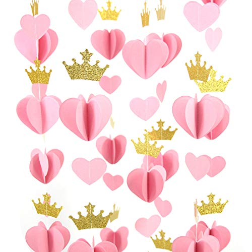 Mybbshower Gold Pink 3D Paper Heart Crown Garland Girl Princess Birthday Party Nursery Room Decor Balloon Tail Pack of 5 - Image 1