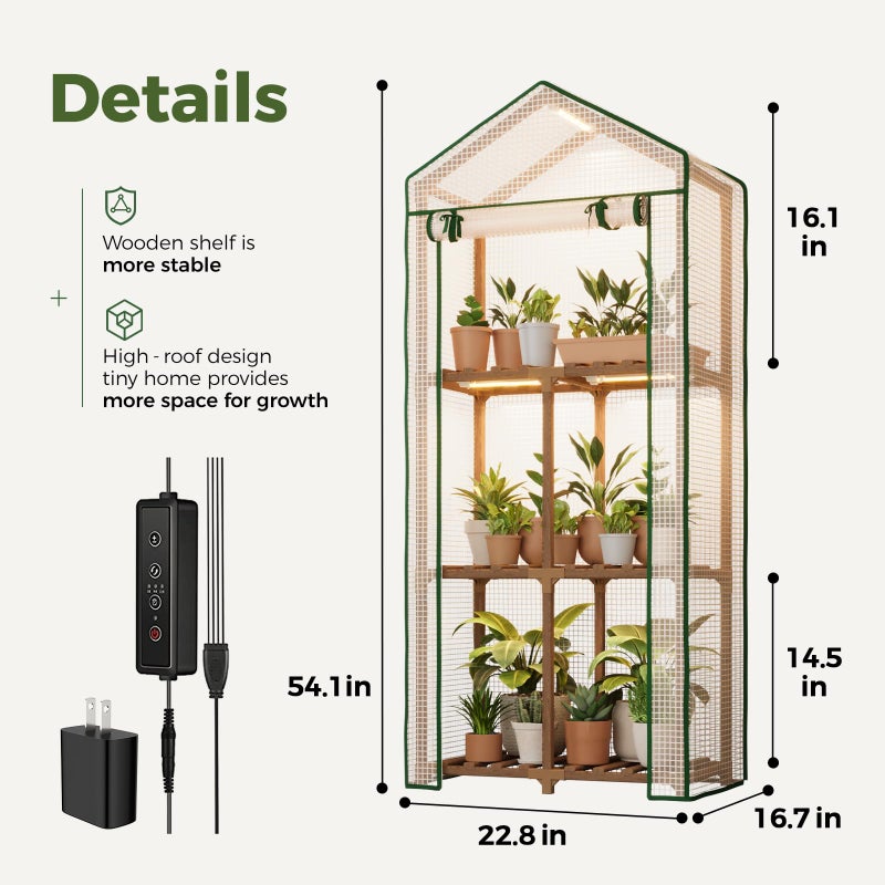 Bamworld Mini Greenhouse with Grow Light Plant Stand for Mutiple Pots Outdoor 3-Tierd Reusable Portable Warm House with PE Cover Compact Patio Boho Home Decor - Image 2