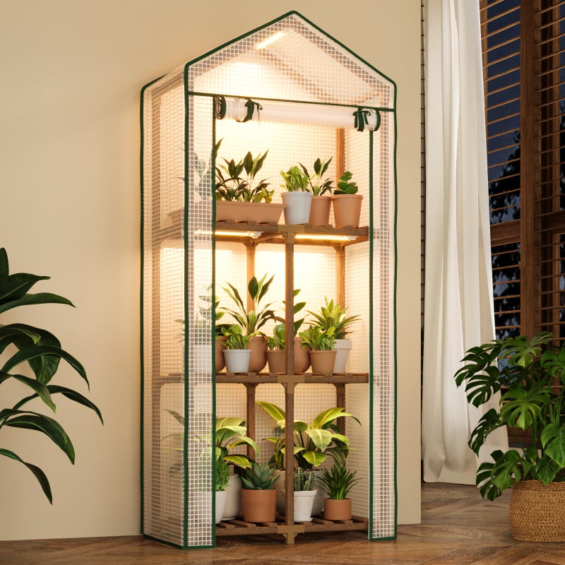 Bamworld Mini Greenhouse with Grow Light Plant Stand for Mutiple Pots Outdoor 3-Tierd Reusable Portable Warm House with PE Cover Compact Patio Boho Home Decor - Image 1