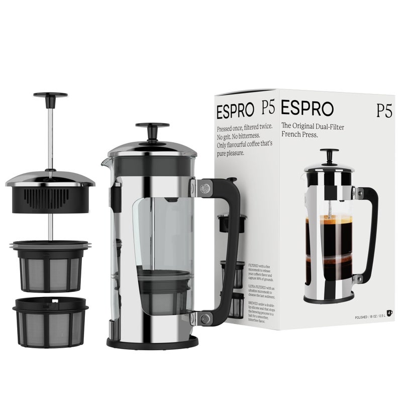Espro صانعة القهوة الفرنسية ESPRO P5 مع فلتر مزدوج مسجل براءة اختراع للقهوة خالية من الرواسب والرمال  مصنوعة في تايوان 18 أونصة