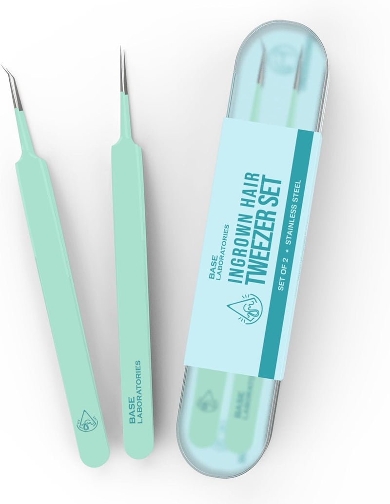 BASE LABORATORIES Base Labs Ingrown Hair Tweezers Set – 2 Pack Precision Tweezers for Ingrown Hair Removal, Curved & Pointed Tip Stainless Steel Tweezers with Protective Case for Razor Bumps, Splinters & Facial Hair - Image 1
