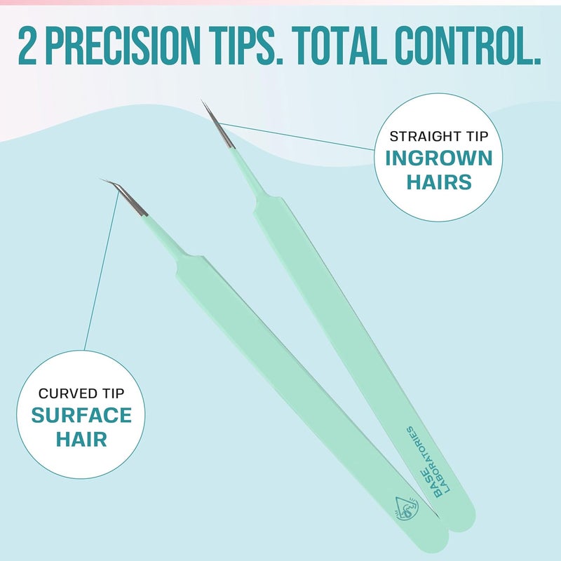 BASE LABORATORIES Base Labs Ingrown Hair Tweezers Set – 2 Pack Precision Tweezers for Ingrown Hair Removal, Curved & Pointed Tip Stainless Steel Tweezers with Protective Case for Razor Bumps, Splinters & Facial Hair - Image 2
