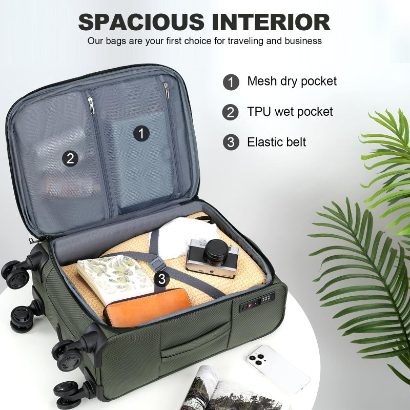 KROSER Softside Expandable Carry On Luggage with Front Business Pocketsï¼Œ20 Inch Suitcases with Spinner Wheels & Built-in TSA Lock, Durable Suitcase Rolling Luggage with USB Port, Army Green - Image 3