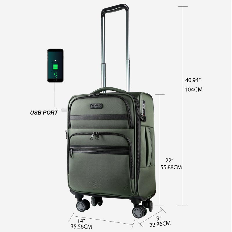 KROSER Softside Expandable Carry On Luggage with Front Business Pocketsï¼Œ20 Inch Suitcases with Spinner Wheels & Built-in TSA Lock, Durable Suitcase Rolling Luggage with USB Port, Army Green - Image 2