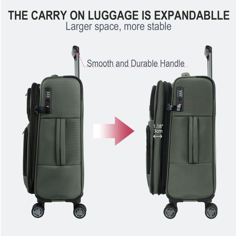 KROSER Softside Expandable Carry On Luggage with Front Business Pocketsï¼Œ20 Inch Suitcases with Spinner Wheels & Built-in TSA Lock, Durable Suitcase Rolling Luggage with USB Port, Army Green - Image 5