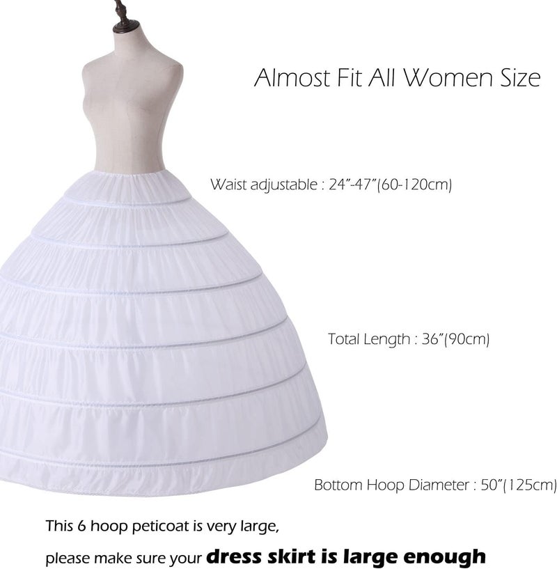 AWSALE Full A-line 6 Hoop Crinoline Petticoat Underskirt for Women Wedding Dress WPT146 White - Image 4