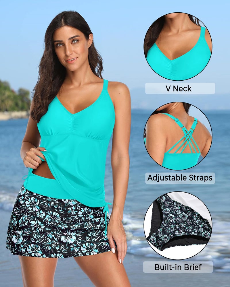 Daci Aqua and Flower Tankini Swimsuit for Women Tummy Control Bathing Suits with Skirt Two Piece Drawstring Tank Top with Swimdress XXL - Image 3