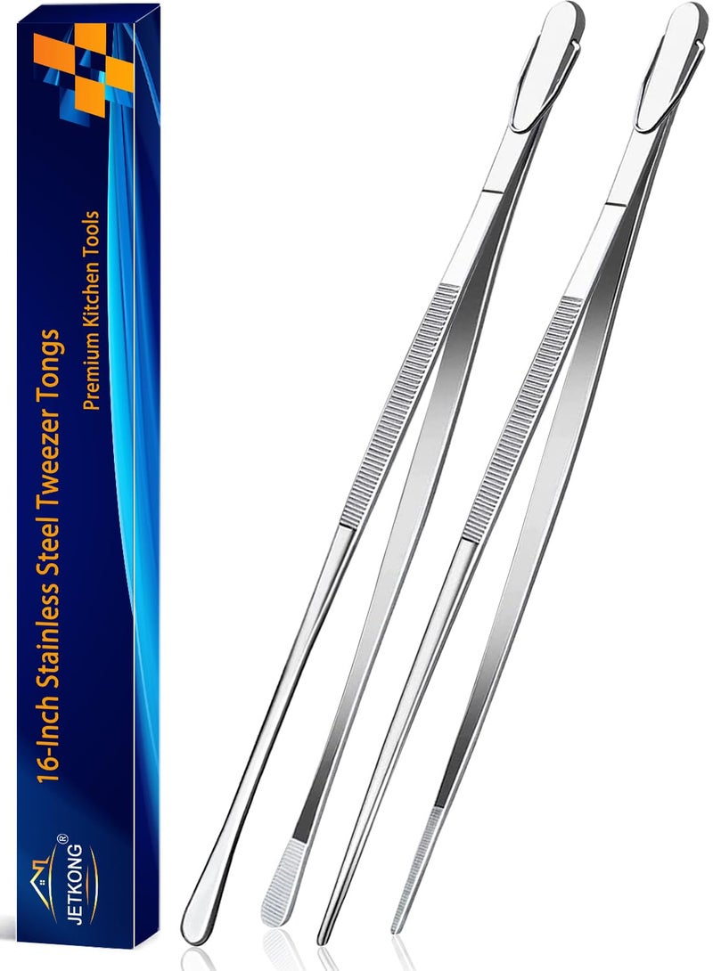 JETKONG 2 Pcs 16Inch Kitchen Tweezers Extra Long Tweezer Tongs Heavy Duty Stainless Steel Cooking Tweezers Silver