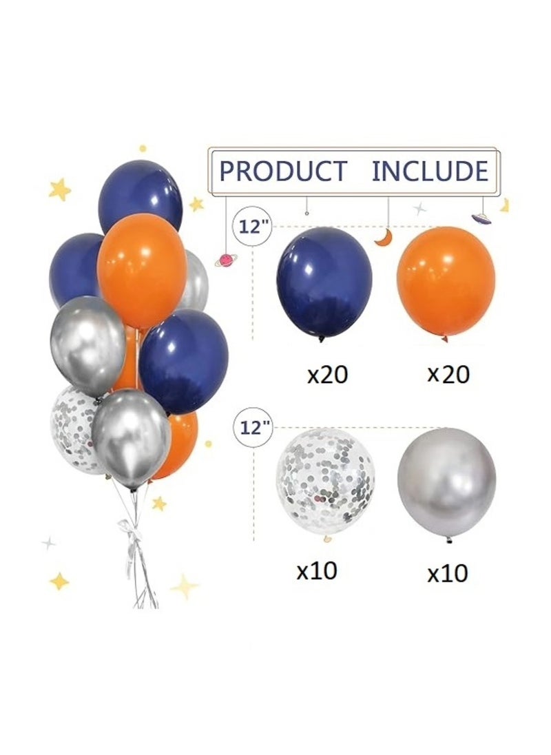 Boxwoods 60 PCS OF Orange Navy Blue Silver Chrome And Confetti Balloons For Space Birthday Party Decoration  - Image 2