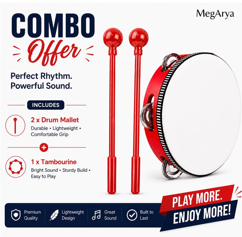 Megarya 8 Inch Tambourine with 2 Drum Mallets Combo Set | Handheld Percussion Instrument for Kids & Adults | Church Worship, Music Learning, School, Classroom & Stage Performance - Image 1
