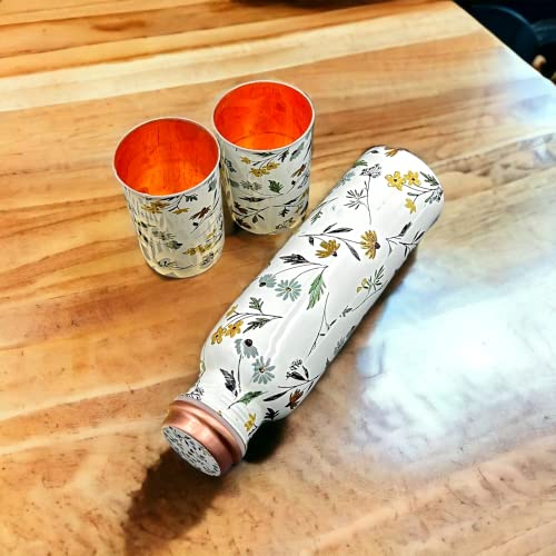 Piepot Copper Water Bottle 1 Ltr | Copper Water Bottle with Glass Set | Meena Work | 100% Pure | Leak-Proof | 2 Water Glass 300ml each | Best for Gifting (Leaf Design - 1) - Image 2