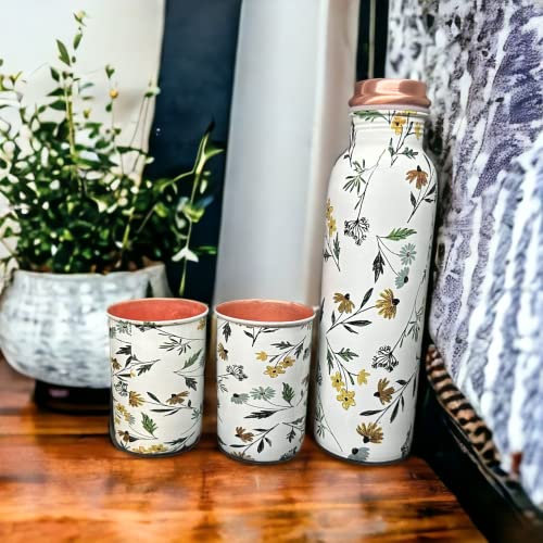 Piepot Copper Water Bottle 1 Ltr | Copper Water Bottle with Glass Set | Meena Work | 100% Pure | Leak-Proof | 2 Water Glass 300ml each | Best for Gifting (Leaf Design - 1) - Image 5