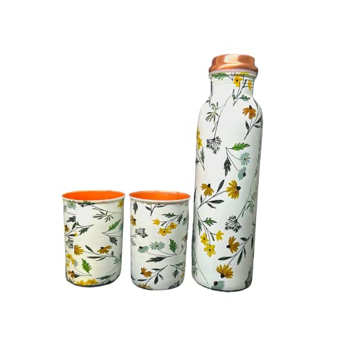 Piepot Copper Water Bottle 1 Ltr | Copper Water Bottle with Glass Set | Meena Work | 100% Pure | Leak-Proof | 2 Water Glass 300ml each | Best for Gifting (Leaf Design - 1) - Image 3