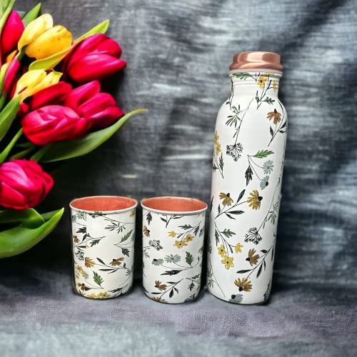 Piepot Copper Water Bottle 1 Ltr | Copper Water Bottle with Glass Set | Meena Work | 100% Pure | Leak-Proof | 2 Water Glass 300ml each | Best for Gifting (Leaf Design - 1) - Image 4