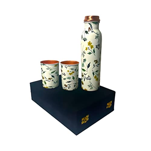 Piepot Copper Water Bottle 1 Ltr | Copper Water Bottle with Glass Set | Meena Work | 100% Pure | Leak-Proof | 2 Water Glass 300ml each | Best for Gifting (Leaf Design - 1) - Image 1